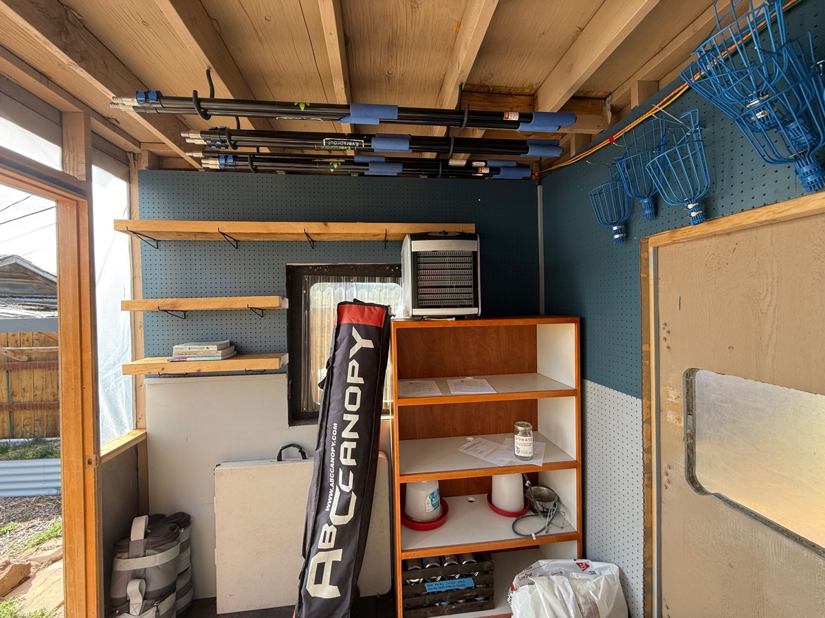 Inside the shed looking west